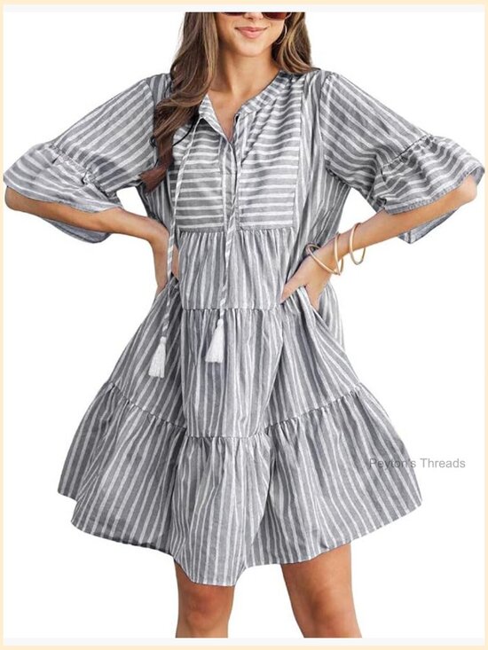 Dresses & Skirts - Striped Tiered Midi Babydoll Dress with Trumpet Sleeves